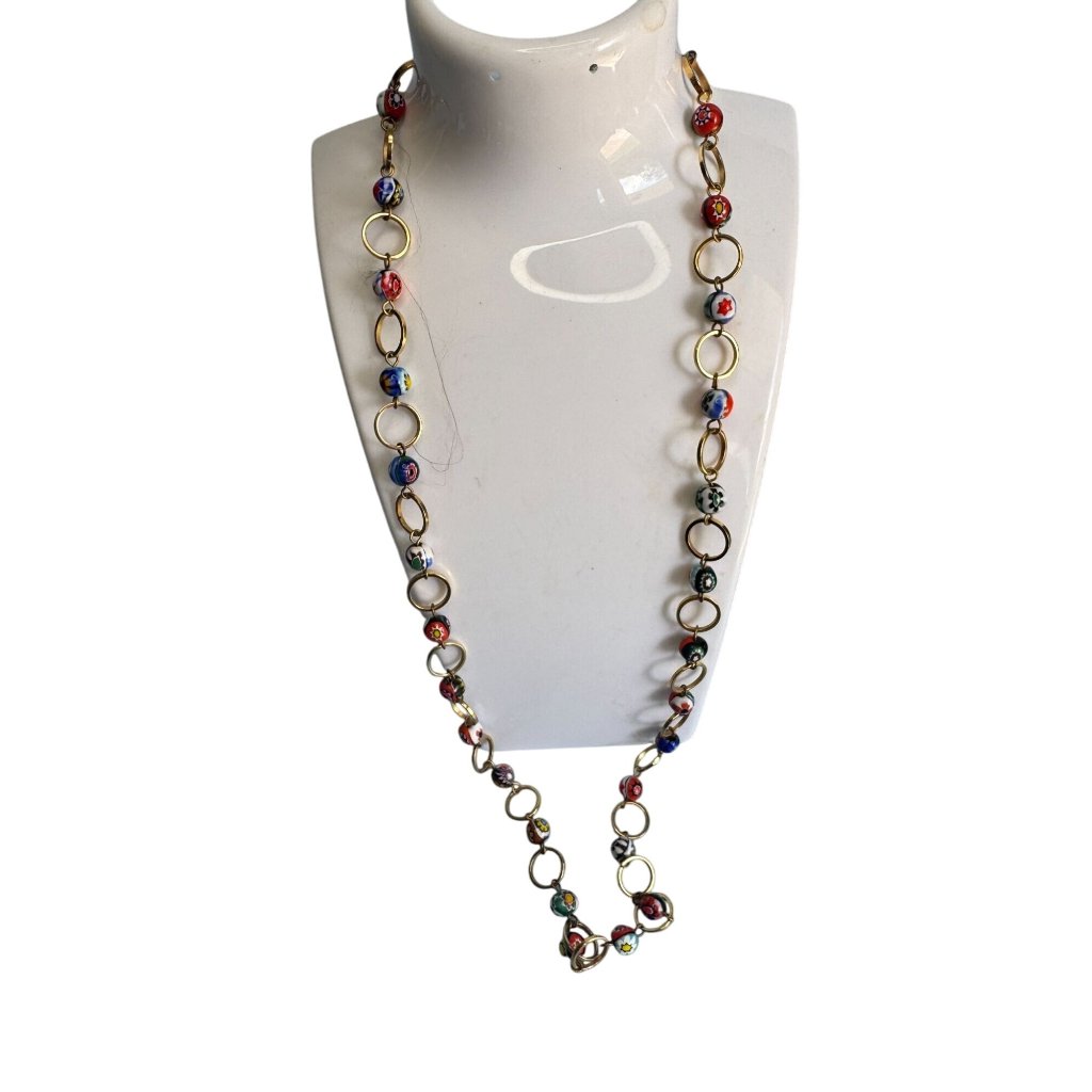 Murano Millefiori Glass Bead Necklace Goldtone Chain Handmade Italian Jewelry 45$